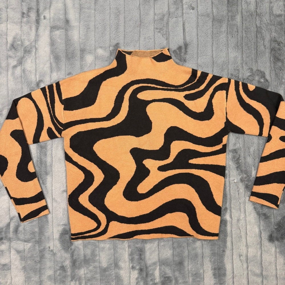 Christian Siriano New York Swirl Print Mock Neck Sweater Camel Black Small